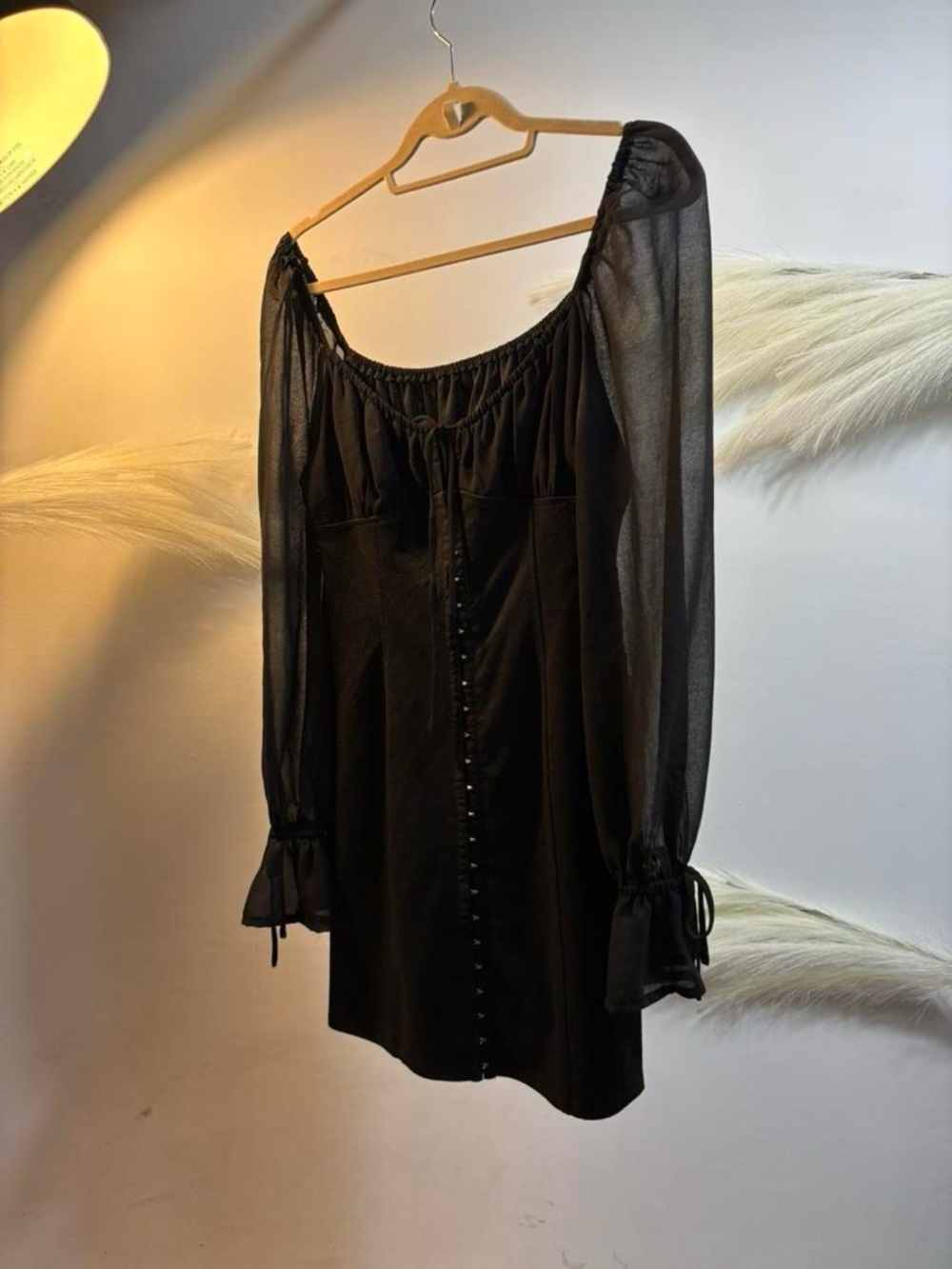 (#124) Black Sheer Sleeve Button-Front Mini Dress
